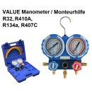 VALUE VMG-2-R32, 2-Wege Manometer/Monteurhilfe R32, R410A, R134a, R407c inkl. 3er Set Füllschläuche