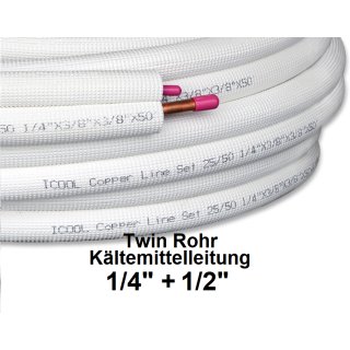 Twin Rohr, Doppel Rohr, K&auml;ltemittelleitung 20 Meter 1/4&quot; + 1/2&quot;  isoliert